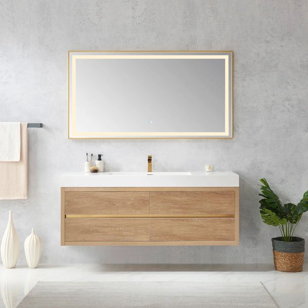 White Composite Integral Square Sink Top - 60" with mirror carolina oak